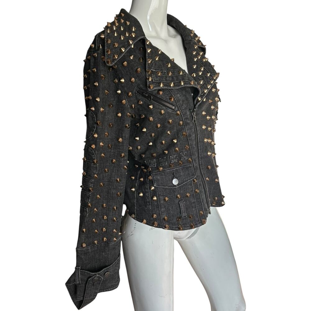 NWOT Studded Spike Rivet Black Denim Moto Jacket Size Small - Picture 2 of 6